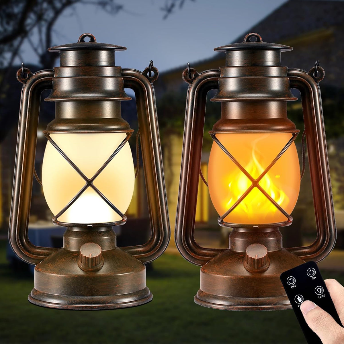 Battery-Powered 2 Modes Lighting LED Vintage Lanterns Decorative Outdoor & Indoor, 2 Pack Bronze