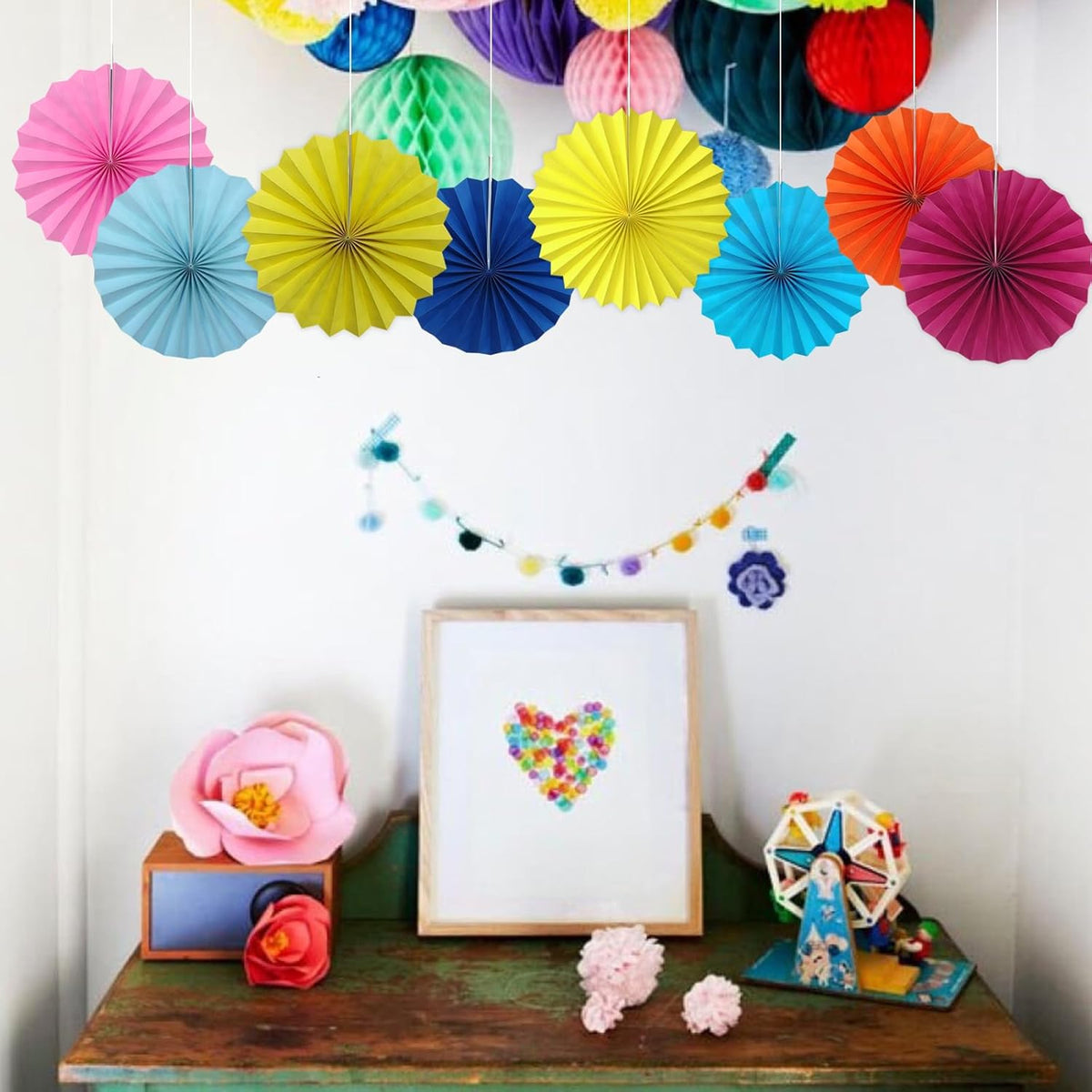 Red Hanging Paper Fans,Red Accessories Paper Decorations for Party,Valentines Day Decorations,Photo