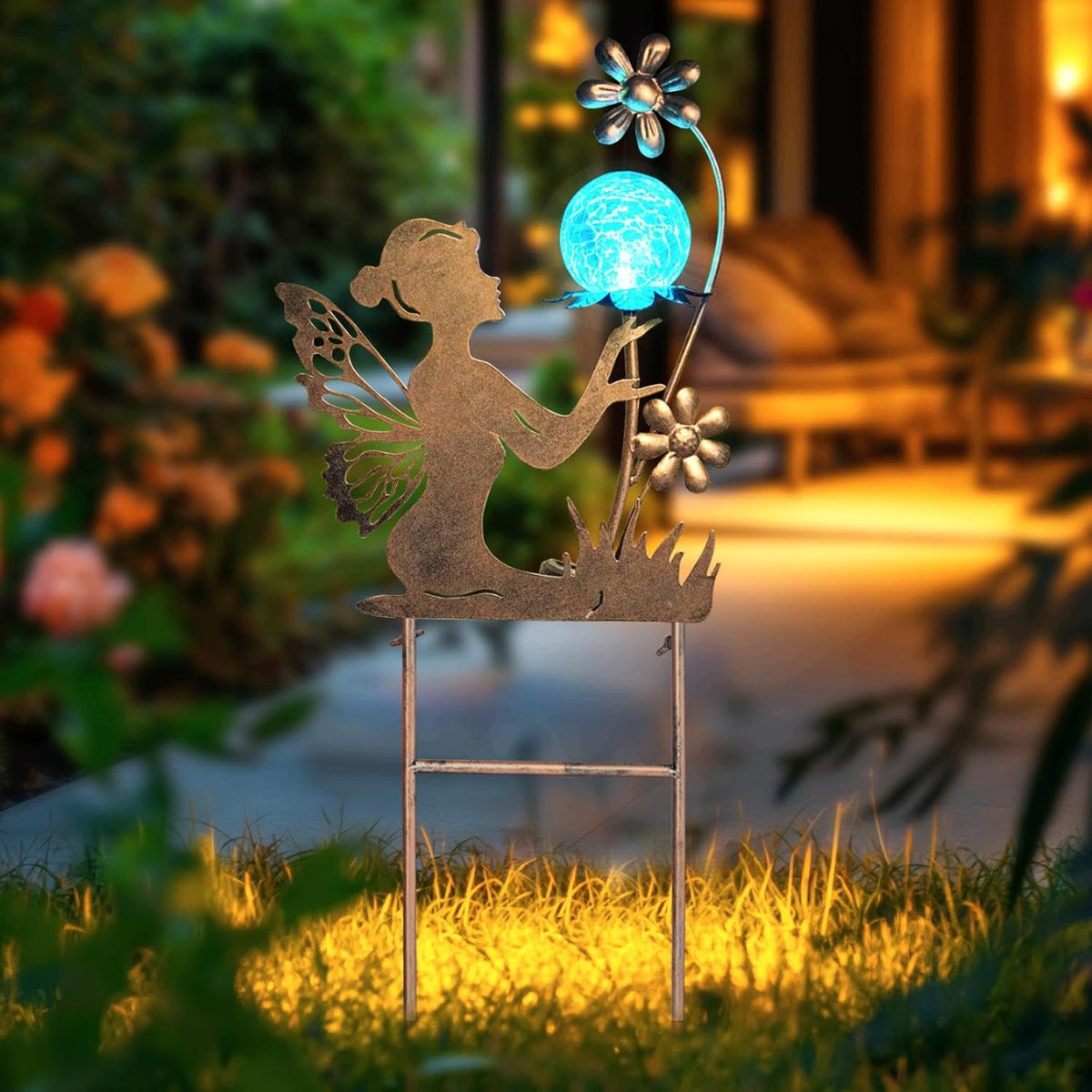 HONGLAND Solar Garden Lights Outdoor Decor, Fairy Figurine Moon Crackle Glass Lights Stake