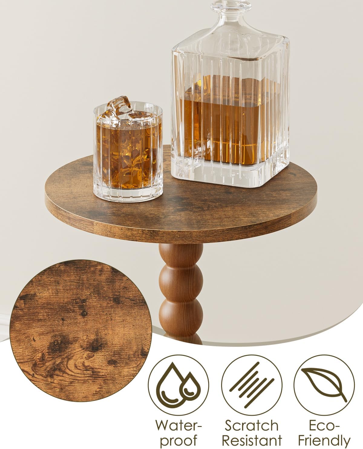 Masupu Round Side Table, Small End Table for Small Spaces, Pedestal Drink Table with Solid Wood Leg