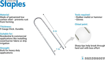 Sandbaggy Galvanized 6-Inch Landscape Staples ~ 9 Gauge Steel - Fabric Pins, Garden Earth Stakes