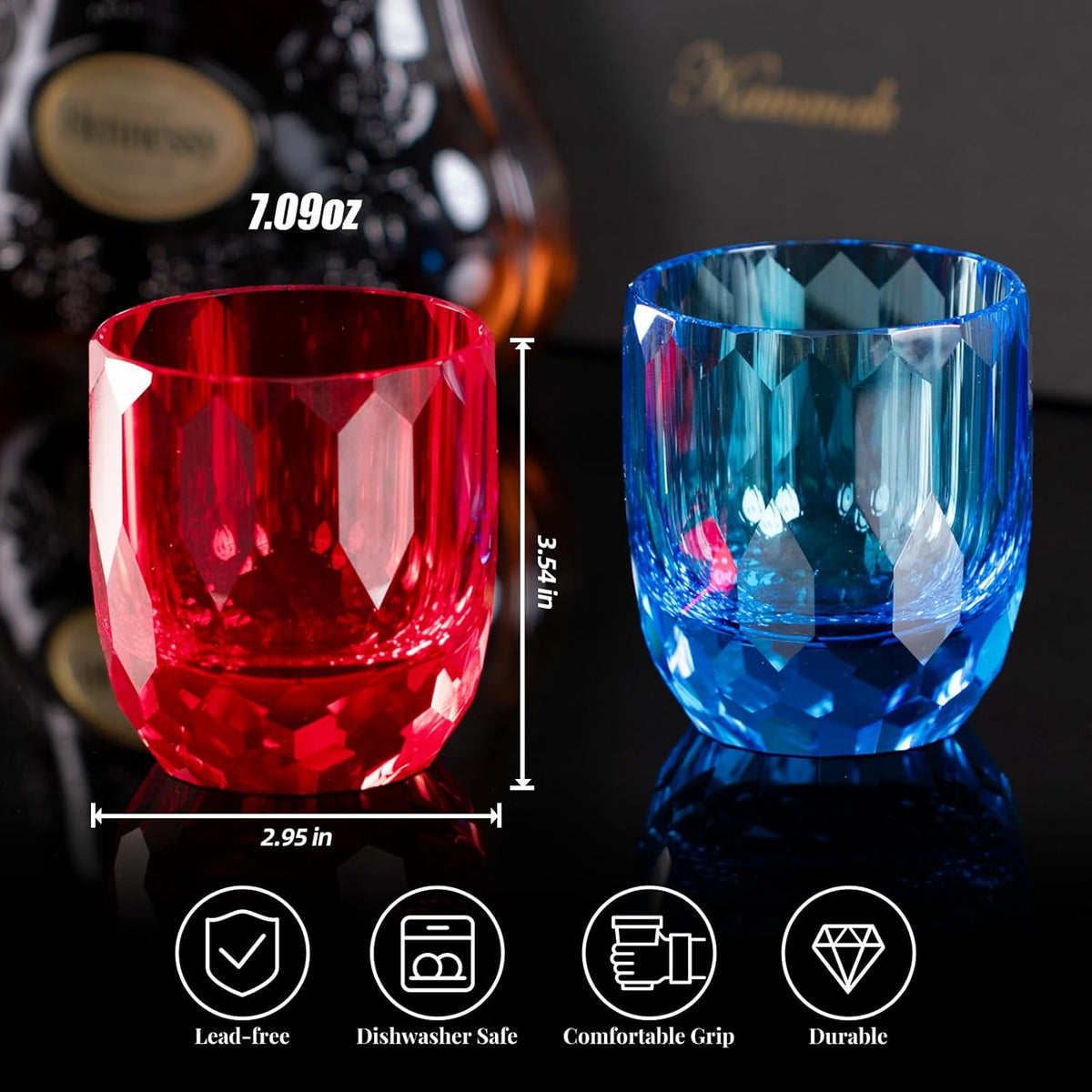 KAMMAK Crystal Whiskey Glasses Set of 2, 7oz Old Fashioned Glasses Stemless, Hand Blown Colored