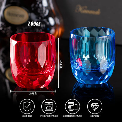 KAMMAK Crystal Whiskey Glasses Set of 2, 7oz Old Fashioned Glasses Stemless, Hand Blown Colored
