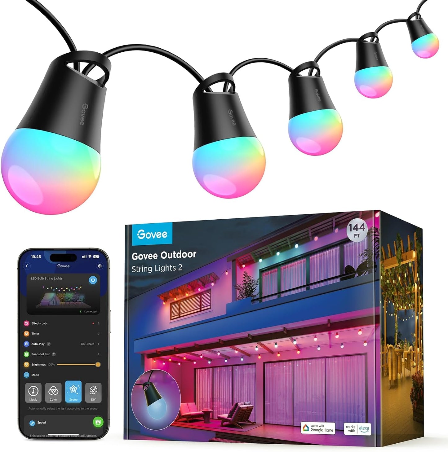 Govee Smart Outdoor String Lights 2, 144ft Outdoor Lights with Dimmable Warm White LED Bulbs, 47