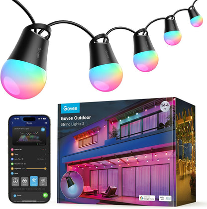Govee Smart Outdoor String Lights 2, 144ft Outdoor Lights with Dimmable Warm White LED Bulbs, 47