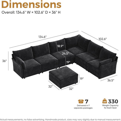 136.4" Oversized Modular Sectional Sofa, L Shaped Convertible Couch with Movable Ottoman, Large 7