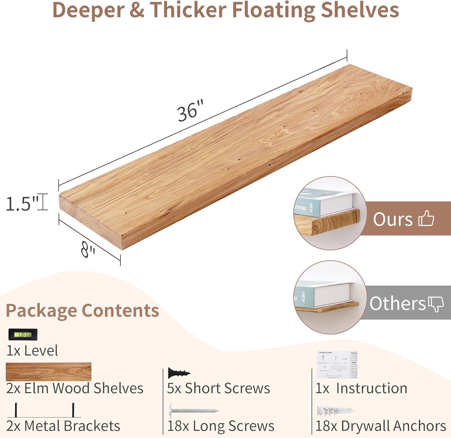 Axeman Floating Shelves for Wall, 8 Inch Deep Rustic Solid Elm Wood Wall Shelves for Storage, Wall