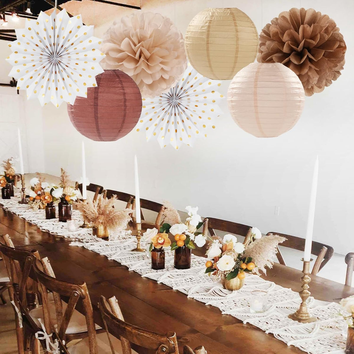 Boho Baby-Shower Party-Decorations Streamers-Lanterns - 14pcs White Brown Champagne Neutral