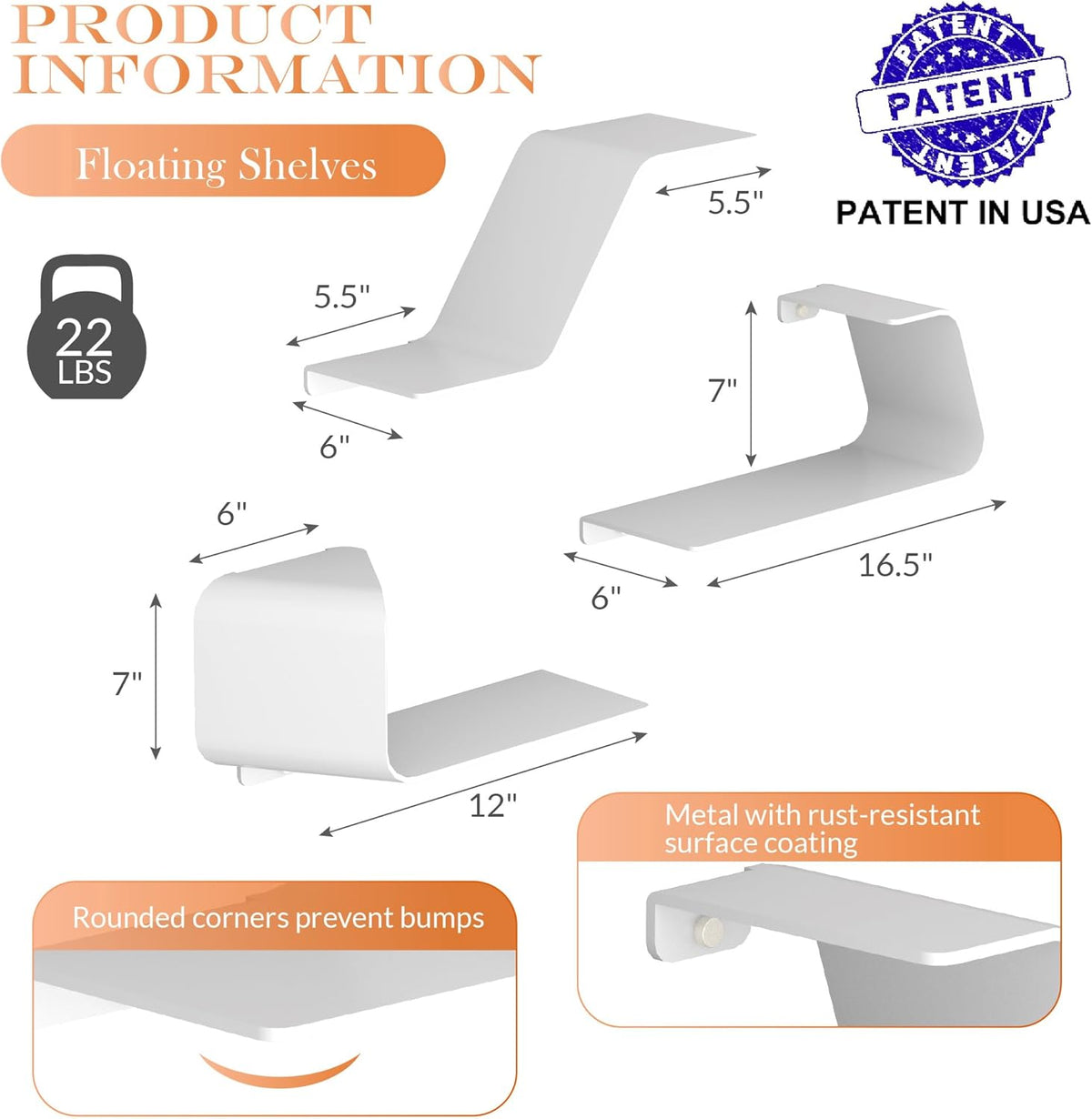 Floating Shelves, Wall Shelf, Set of 3 Wall Mounted Metal Shelves with Unique Design for Wall