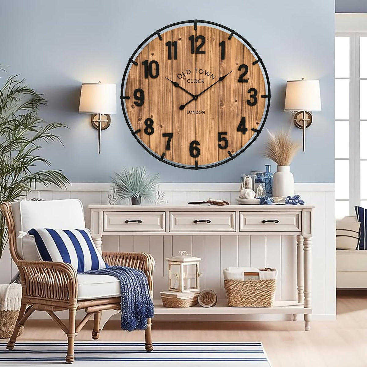 Large Old Town Farmhouse Wall Clock 30 Inches Rustic Antique Wood with Metal Circle and Large
