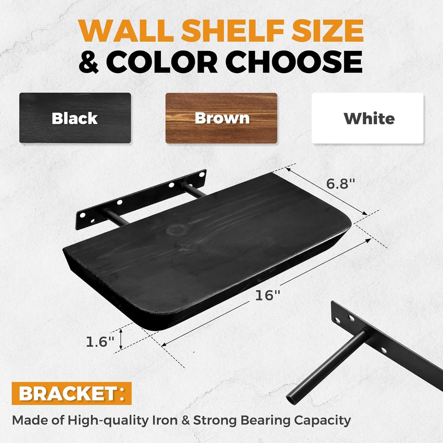 16"x6.8"x1.6" Slanted Floating Wall Shelves 2-Pack - Rustic Black Finish, Heavy-Duty Solid Wood