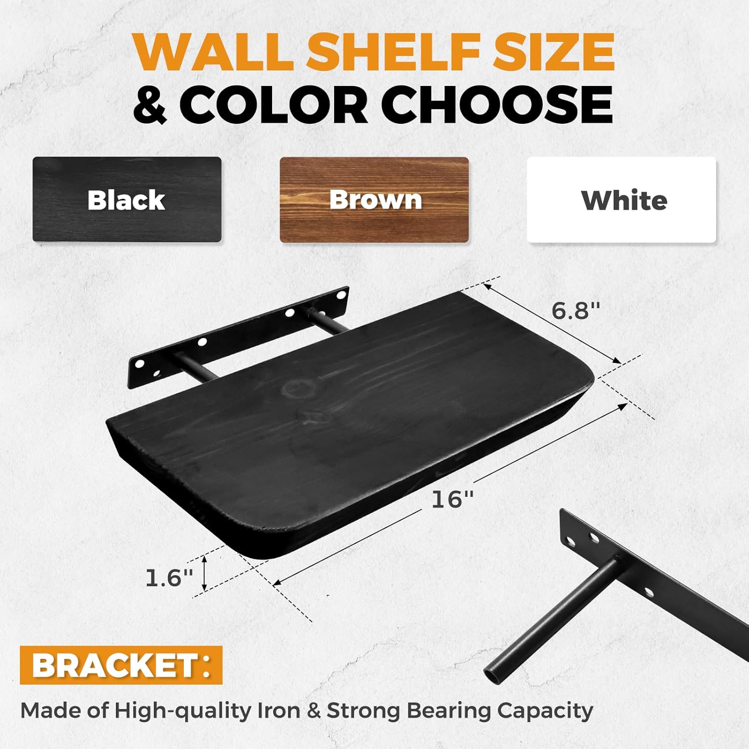16"x6.8"x1.6" Slanted Floating Wall Shelves 2-Pack - Rustic Black Finish, Heavy-Duty Solid Wood