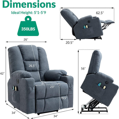 VIVIJASON Power Lift Chair Electric Recliner for Elderly Heated Vibration Massage Soft Fabric