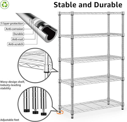 1250 lbs Steel Heavy Duty 5-Tier Utility Shelving Unit Steel Organizer Wire Rack for