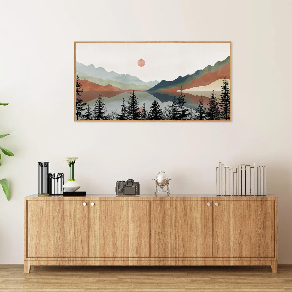 Tinonedraw Boho Mountain Framed Canvas Wall Art Set, Watercolor Nature Landscape Wall Decor