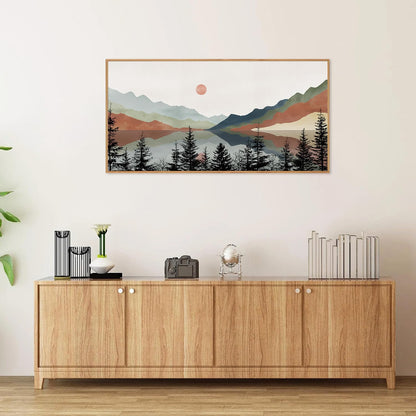 Tinonedraw Boho Mountain Framed Canvas Wall Art Set, Watercolor Nature Landscape Wall Decor