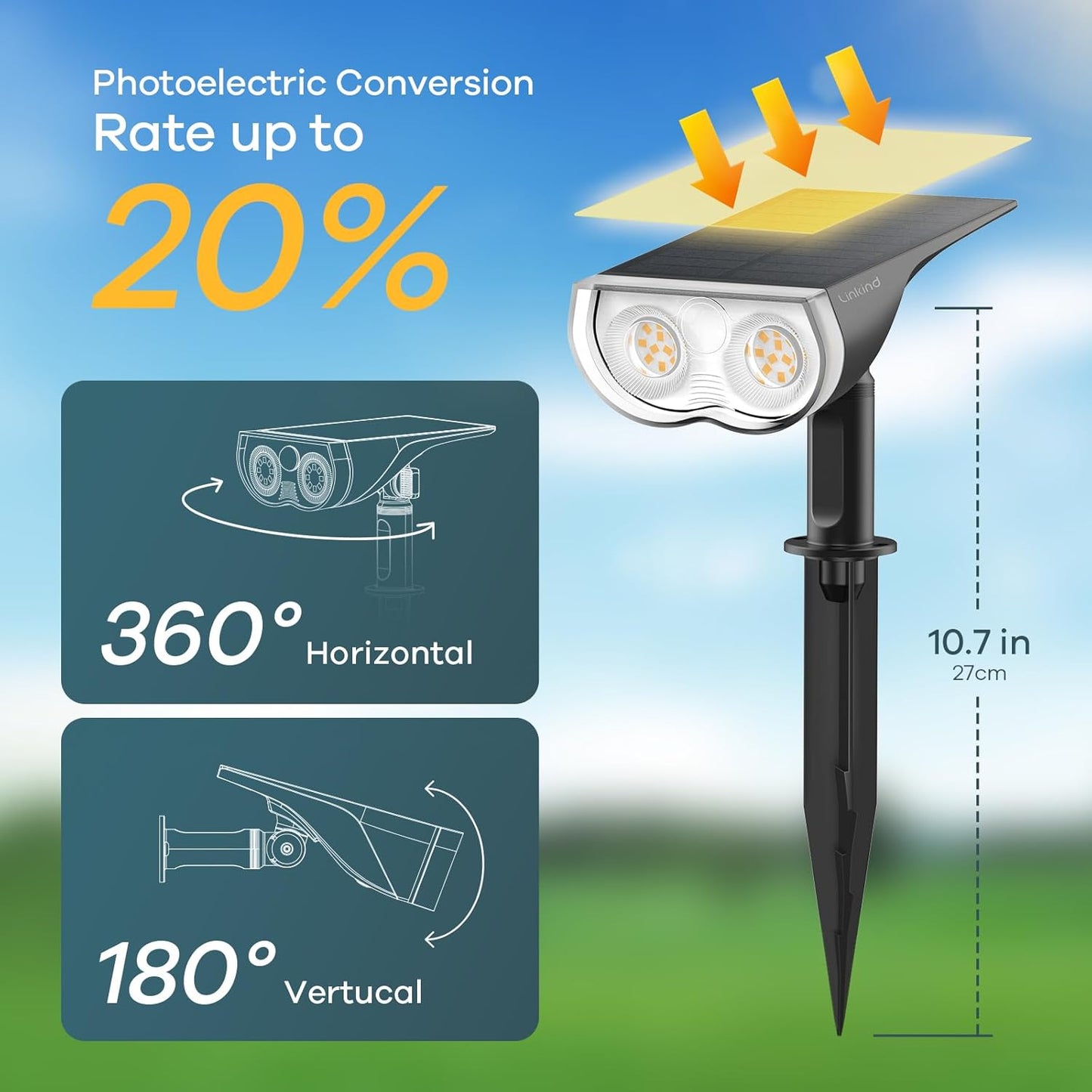 Linkind Solar Lights Outdoor Waterproof IP67, StarRay Dusk-to-Dawn Outdoor Solar Lights, 3 Lighting
