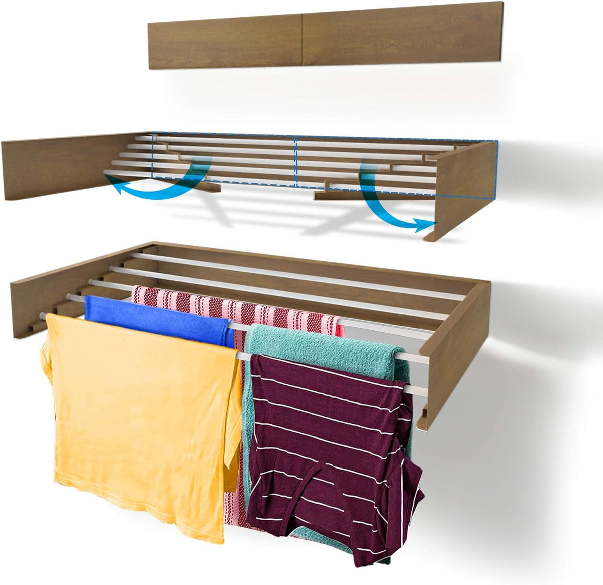 Step Up Laundry Drying Rack (28-INCH Wide - Wood-Look), Wall Mounted, Retractable Clothes Drying