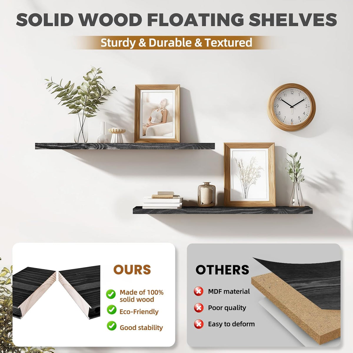 36"x6.8"x1.2" Solid Wood Floating Shelves 2-Pack - Rustic Black Finish with Hidden Brackets