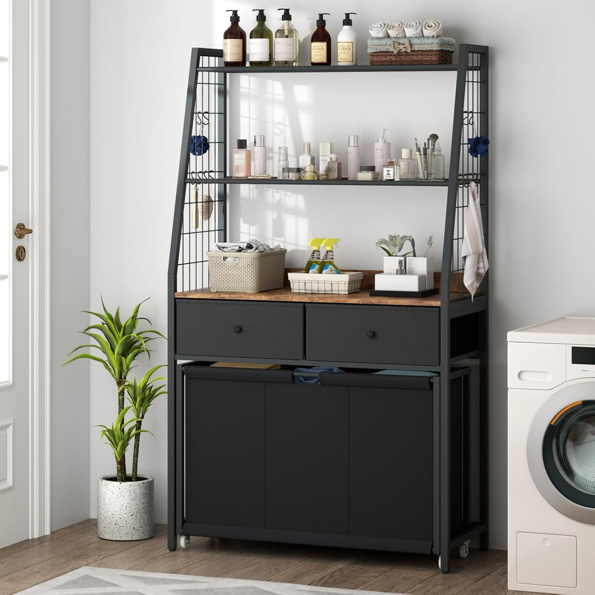 Laundry Hamper Laundry Basket with 3 Section Pull-Out Rolling Bags & 2-Tier Storage Shelf, Laundry