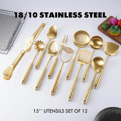 Gold Kitchen Utensils Set, 12 PCS Brass Matte Serving Utensils, 18/10 Stainless Steel All Metal
