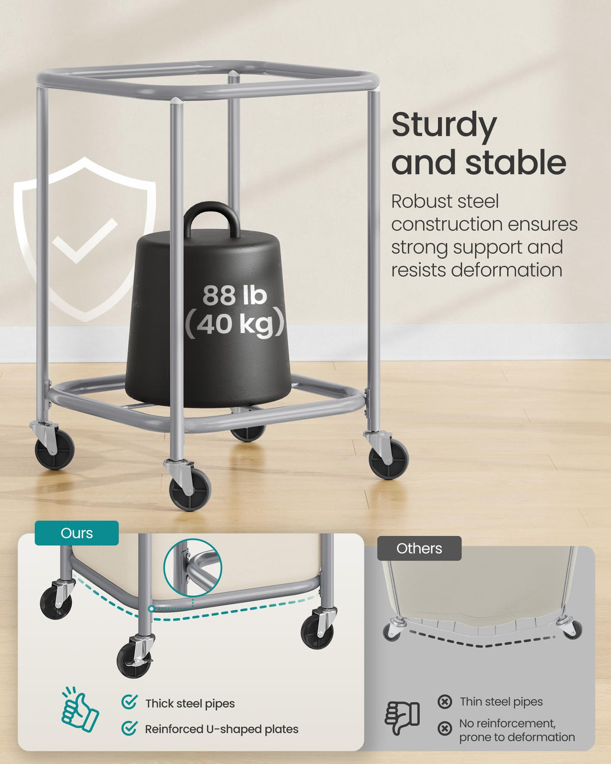 SONGMICS Laundry Basket, Rolling Steel Frame with 2 Locking Wheels, 170 L