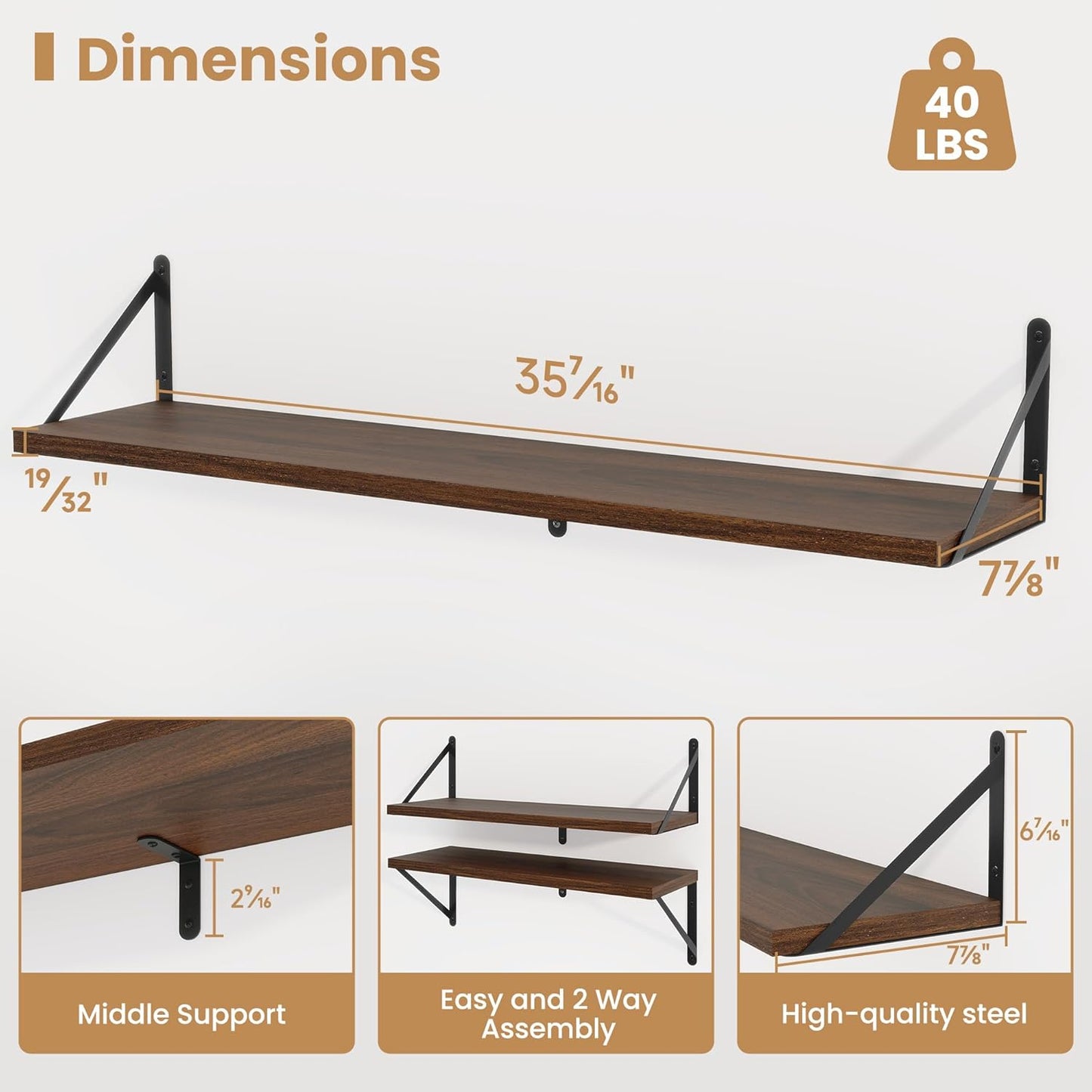 Heimlove 36 Inch Floating Bookshelves Set of 3,Heavy Duty Wall Mounted Bookshelves,Bookshelf for
