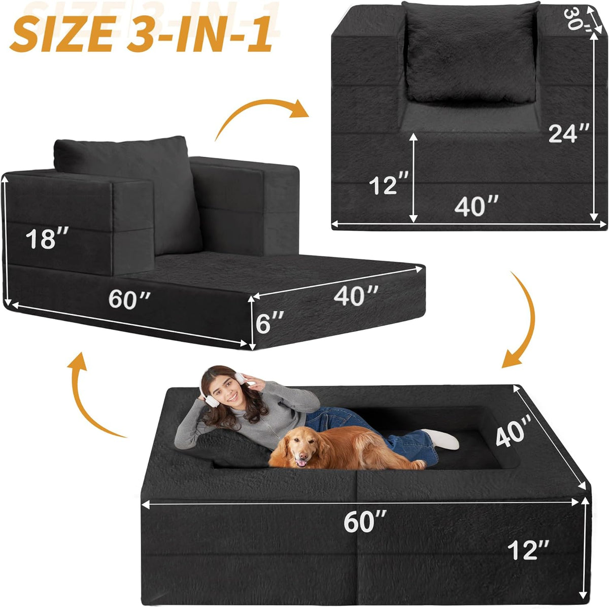 Folding Bean Bag Chair for Adults,3-in-1 Bean Bag Couch Faux Fur Floor Sofa Large Beanbag