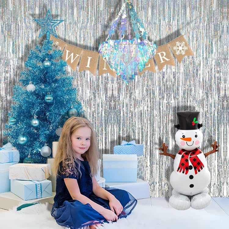 BRAVESHINE Silver Streamers Party Backdrop Decorations - 2Pcs 3.2x8.2ft Tinsel Foil Fringe Curtain