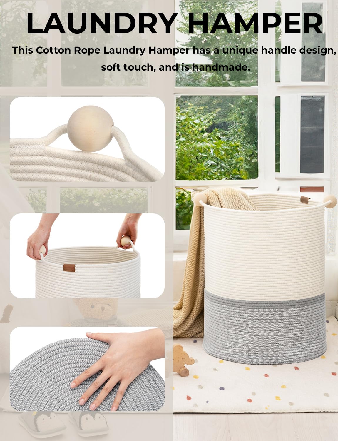 StorageWorks 72L Cotton Rope Laundry Basket with Wooden Beads Handles, Woven Basket for Storage