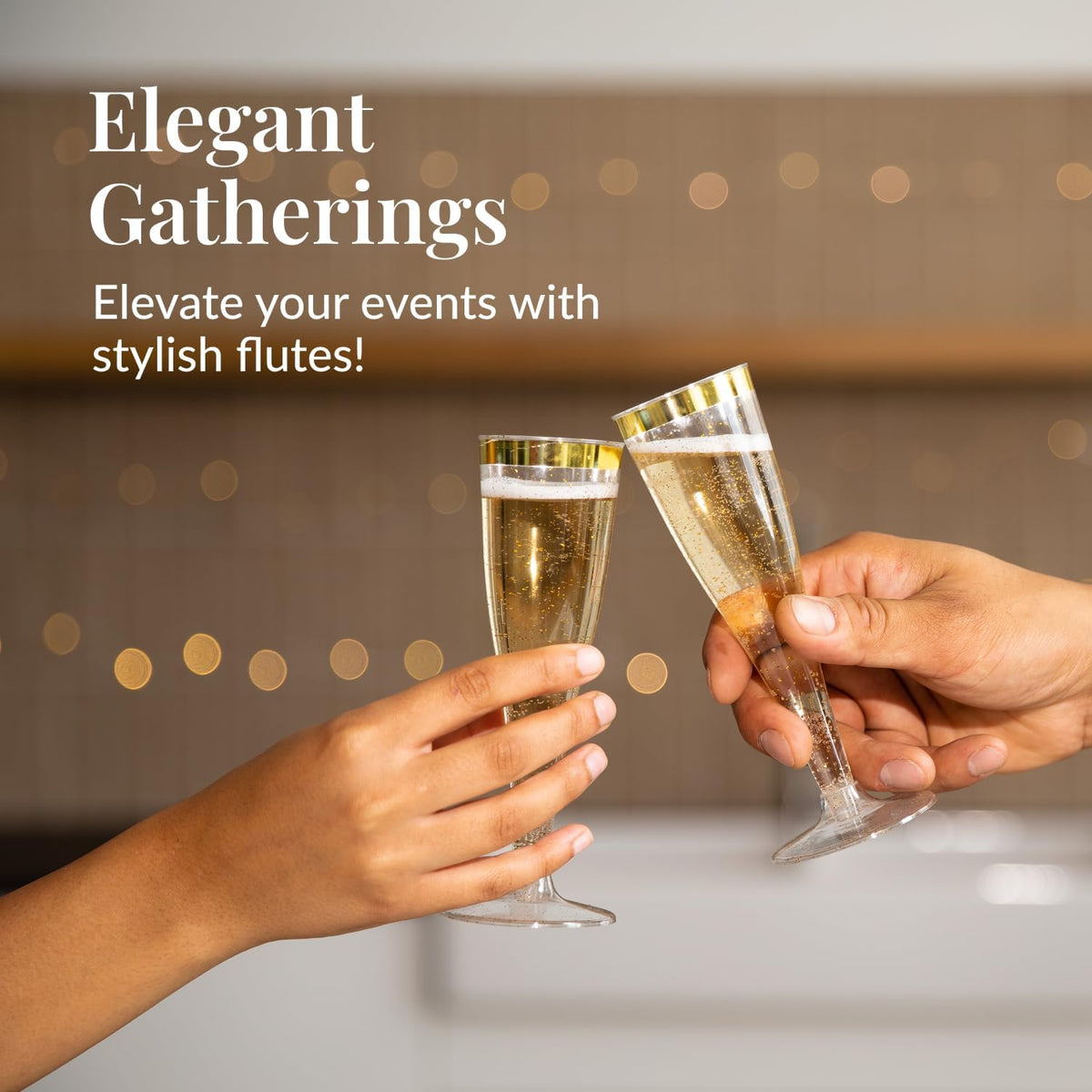 Prestee Set of 24 Plastic Champagne Flutes with Gold Rim - 4.5 oz - Shatterproof Disposable Glasses