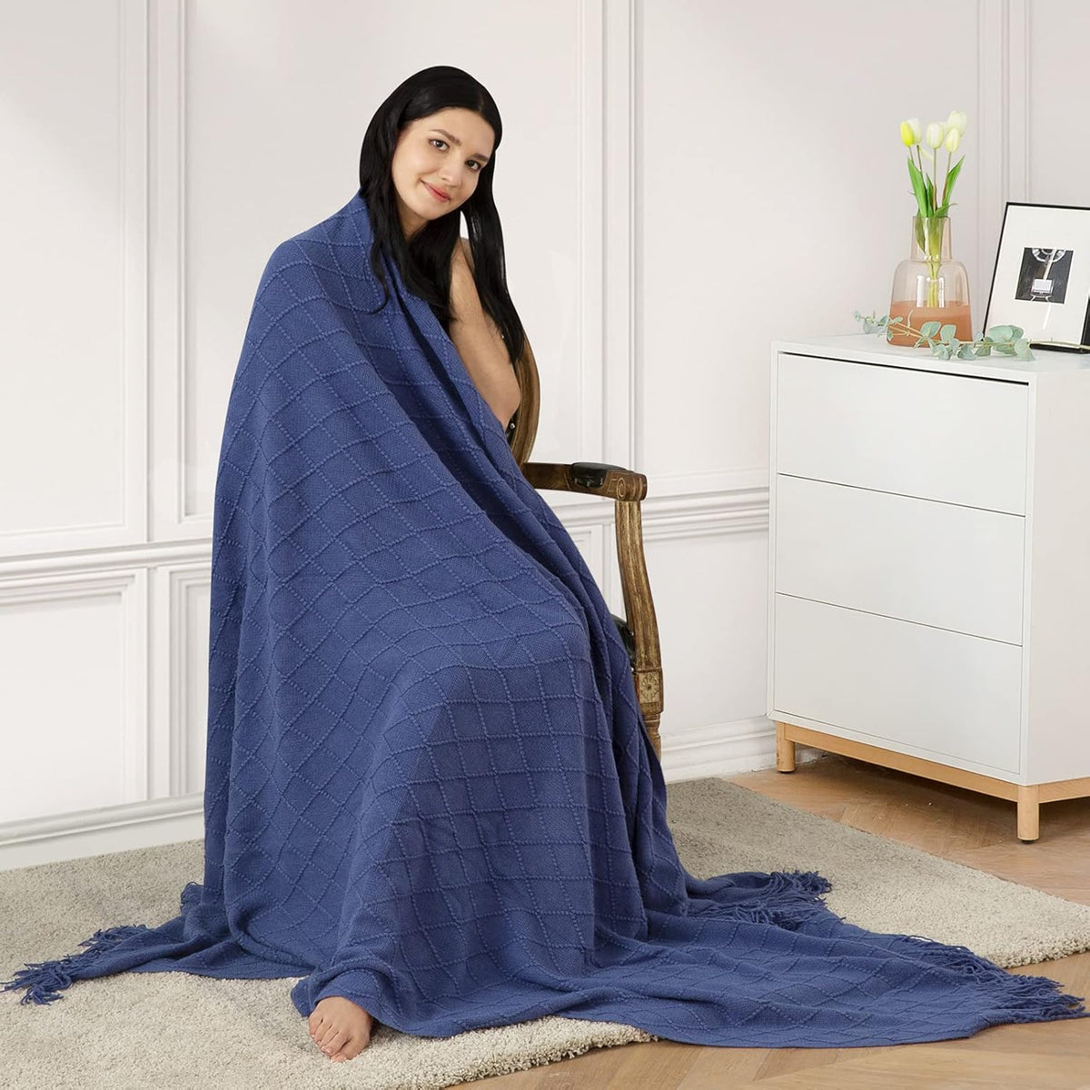 inhand Navy Blue Throw Blanket for Couch and Bed, Soft Living Room Home Decor Knitted Twin Size