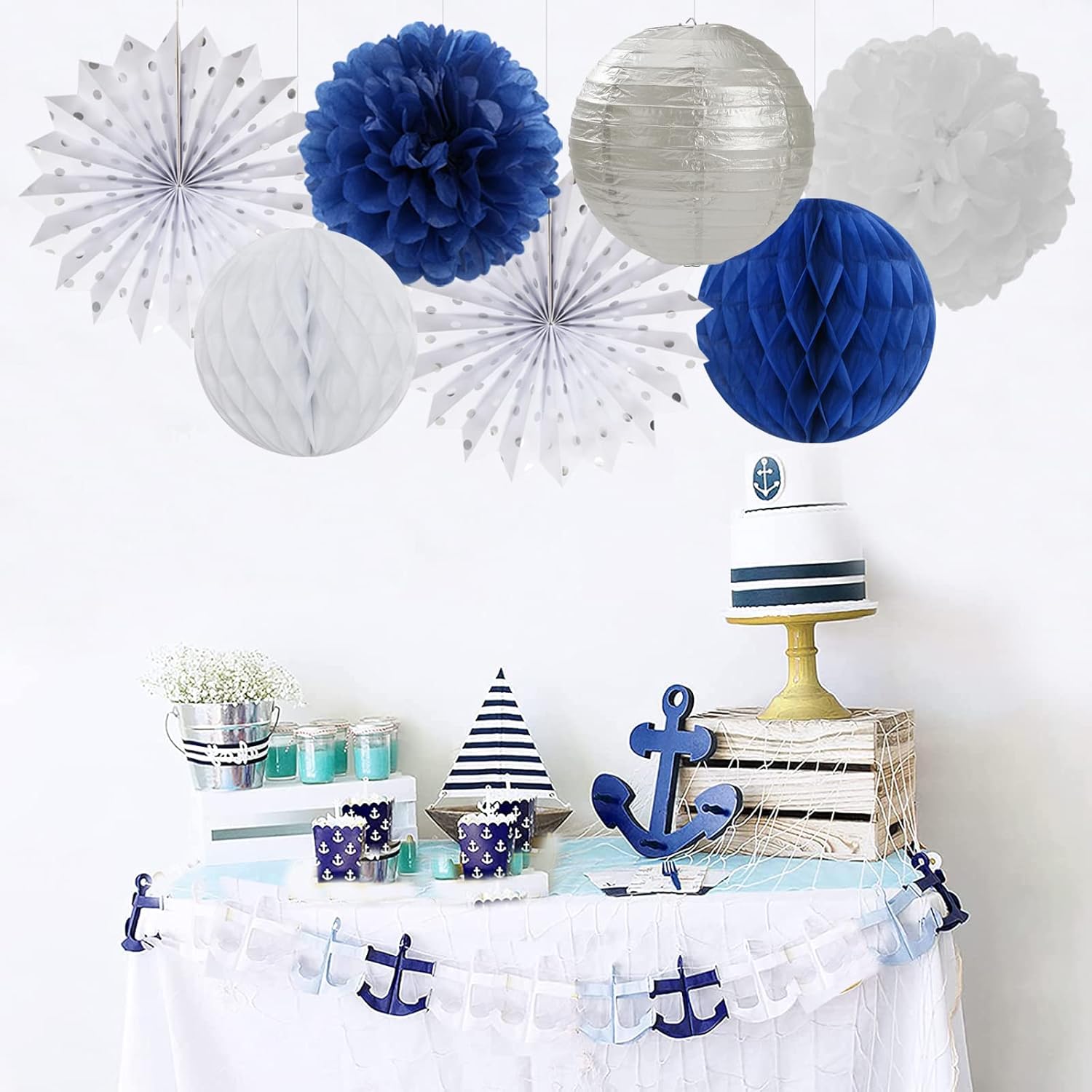 Navy-Blue White Silver Party Decorations - 14pcs Kits Paper Lanterns Fan,Tissue Flower Pom Poms