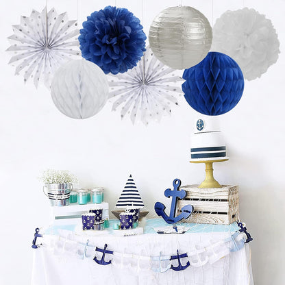 Navy-Blue White Silver Party Decorations - 14pcs Kits Paper Lanterns Fan,Tissue Flower Pom Poms