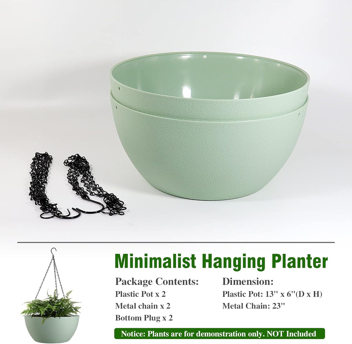 13 inch Large Hanging Planters Plant Pots for Outdoor Indoor Plants with Drainage Holes and Chain