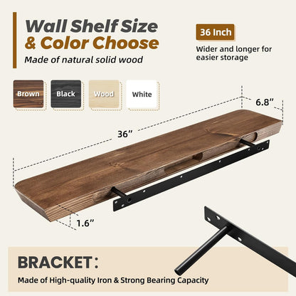 36"x6.8"x1.6" Slanted Floating Wall Shelves 2-Pack - Rustic Brown Finish, Heavy-Duty Solid Wood