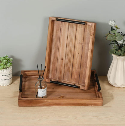 Set of 2 Decorative Nested Wood Vintage Serving Tray with Black Stainless Steel Handles for Eating