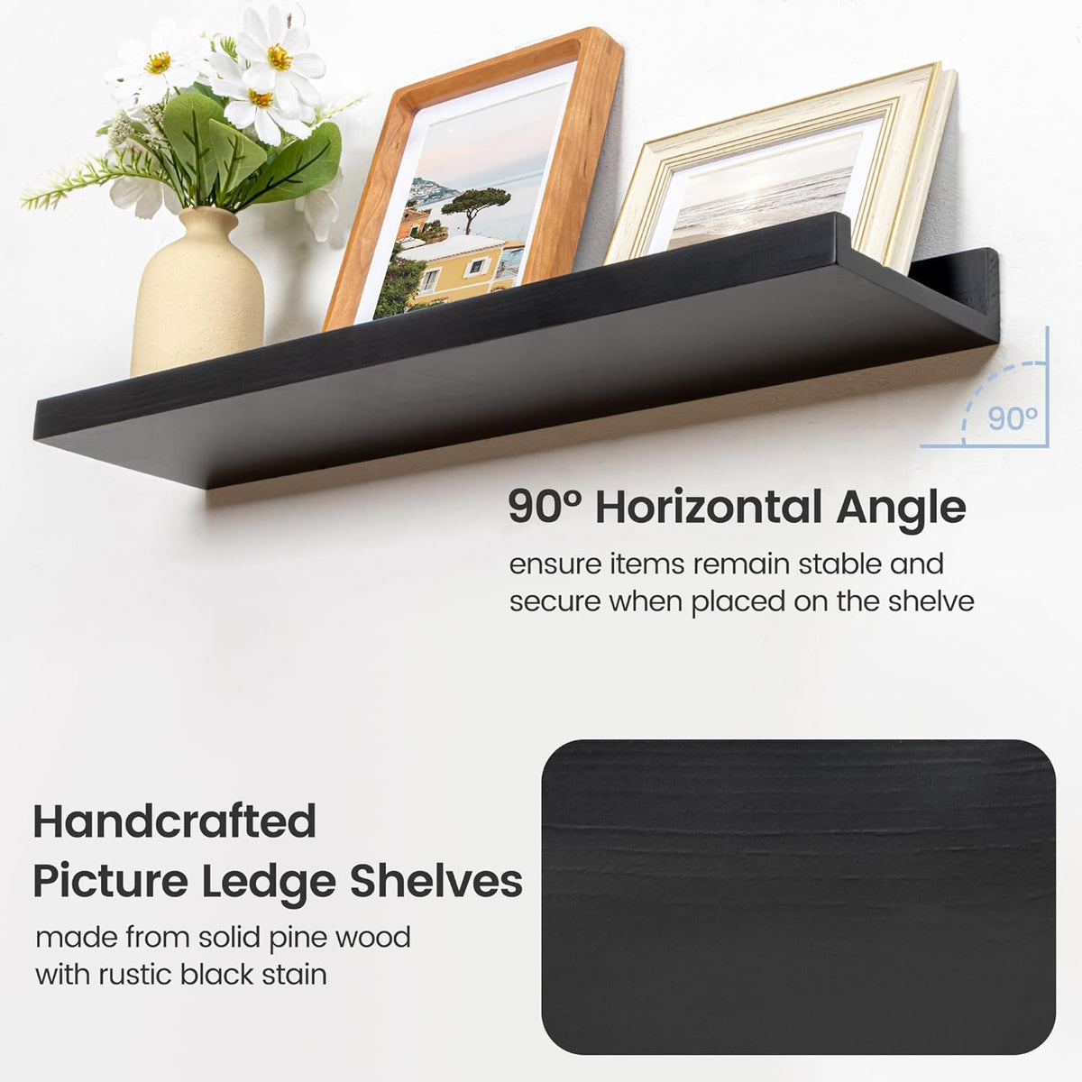 Picture Ledge Shelf for Wall, 16 inch Solid Pine Wood Nursery Book Shelves 2 Packs, Floating Ledge