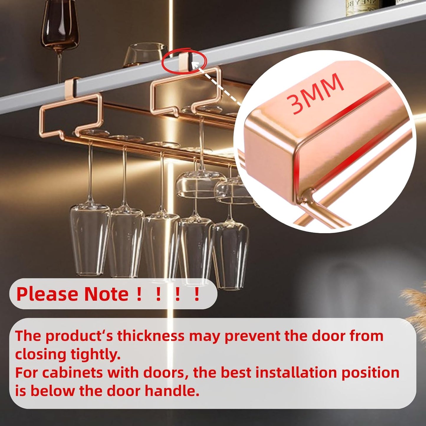 LINFIDITE 2 Pack Under Cabinet Wine Glass Rack Rose Gold Wine Glass Holder Stemware Rack Hanger