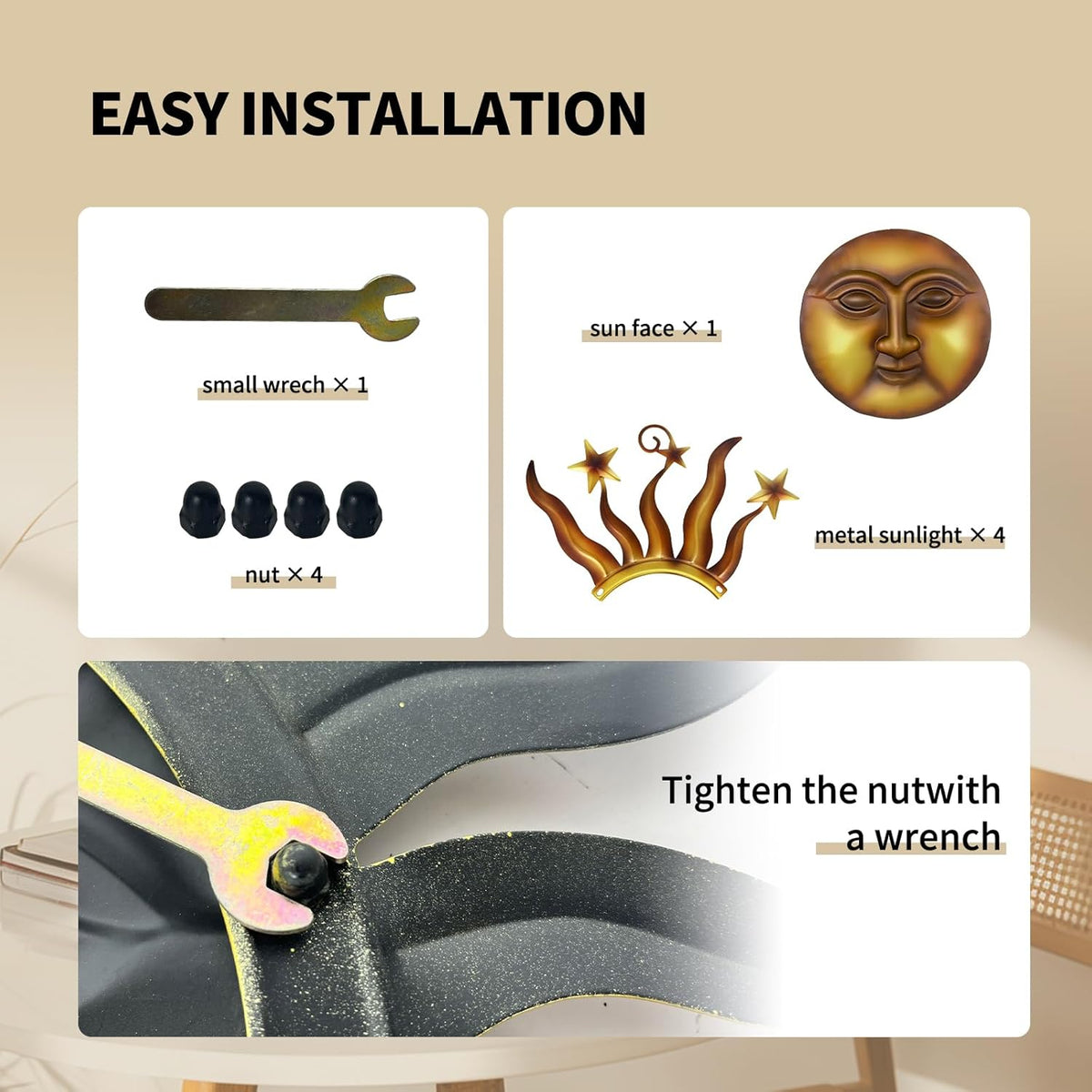 LIFFY 24" Sun Metal Wall Art Outdoor Decor - 3D Sun Face Metal Wall Sculpture - Hanging Decoration