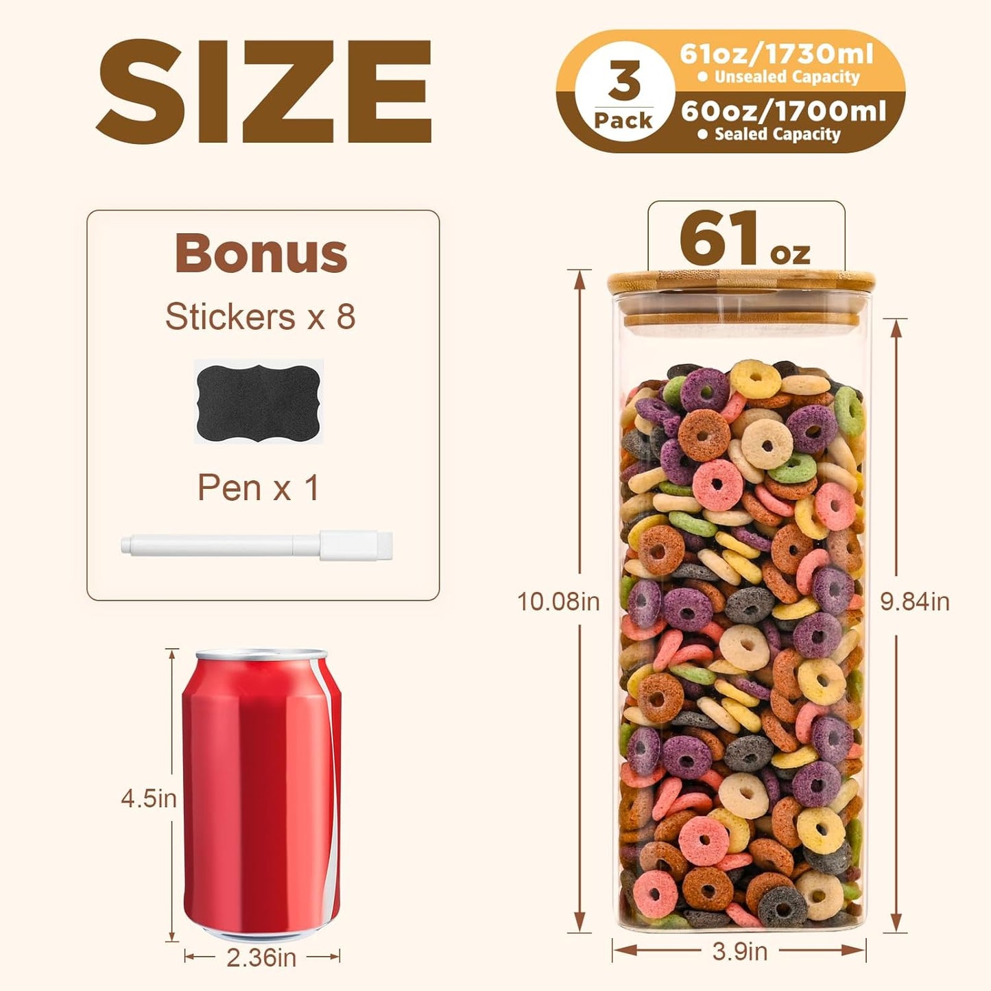 Glass Food Storage Jars Square 61oz, 3 Pack Glass Jars With Bamboo Lids, Kitchen Storage Containers