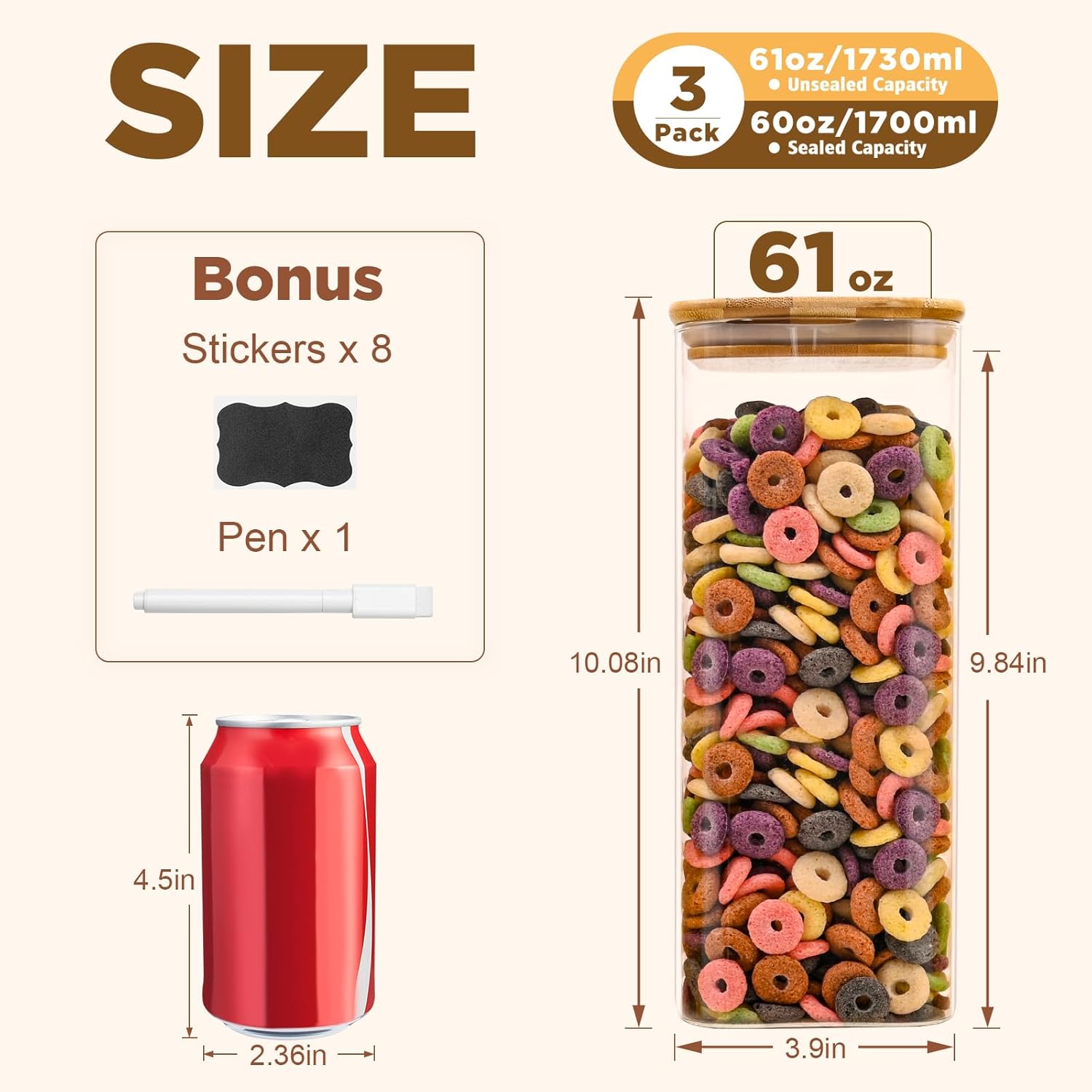 Glass Food Storage Jars Square 61oz, 3 Pack Glass Jars With Bamboo Lids, Kitchen Storage Containers