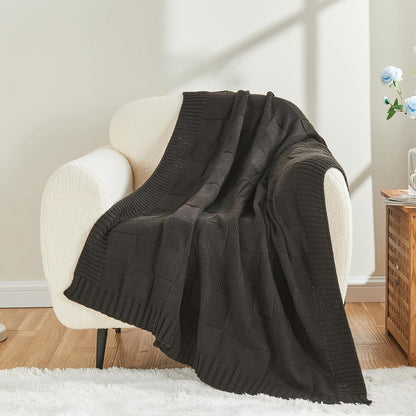 CozeCube Check Knit Throw Blanket, Jet Black Checkered Throw for Couch, Decorative Christmas Soft