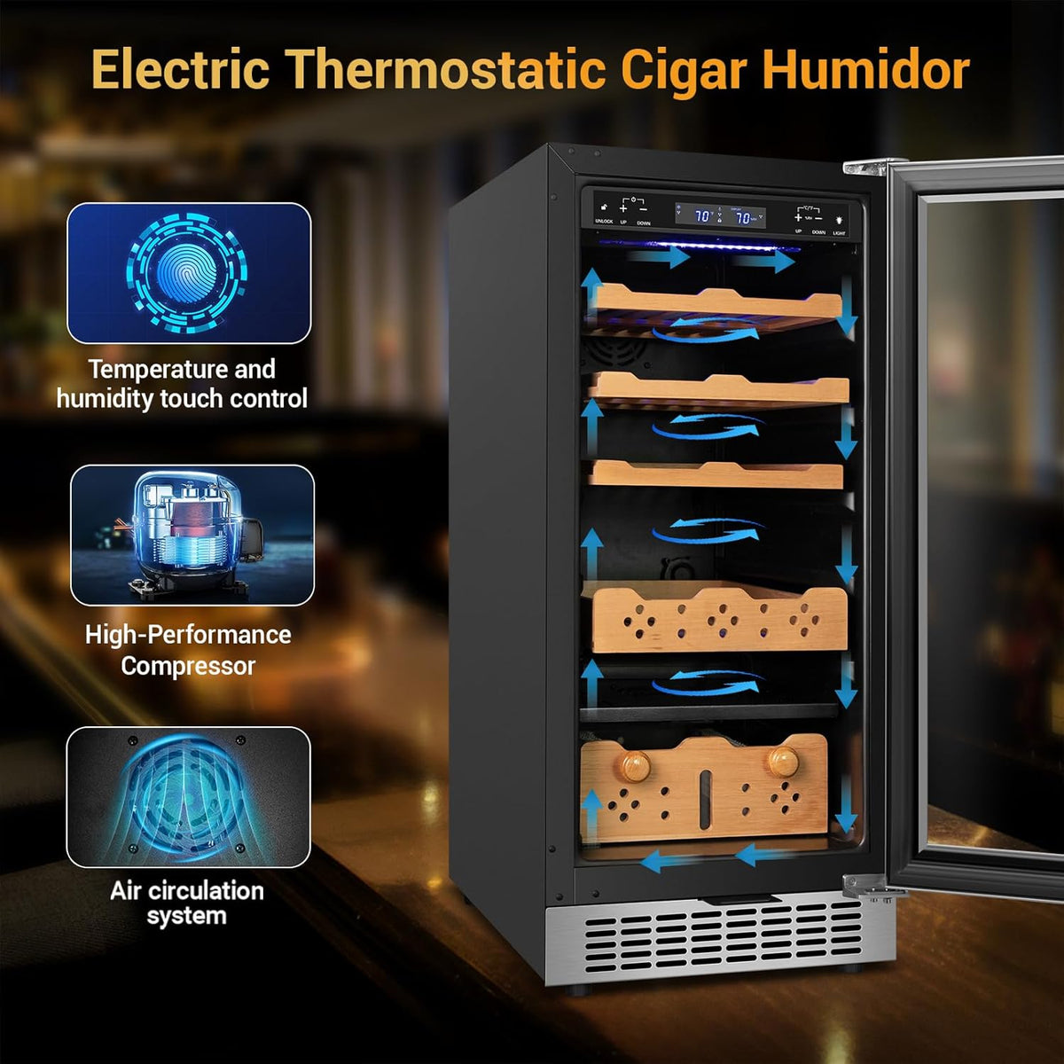 Electric Cigar Humidor,15 Inch Upgraded Large Capacity Electric Cigar Cabinet with Powerful