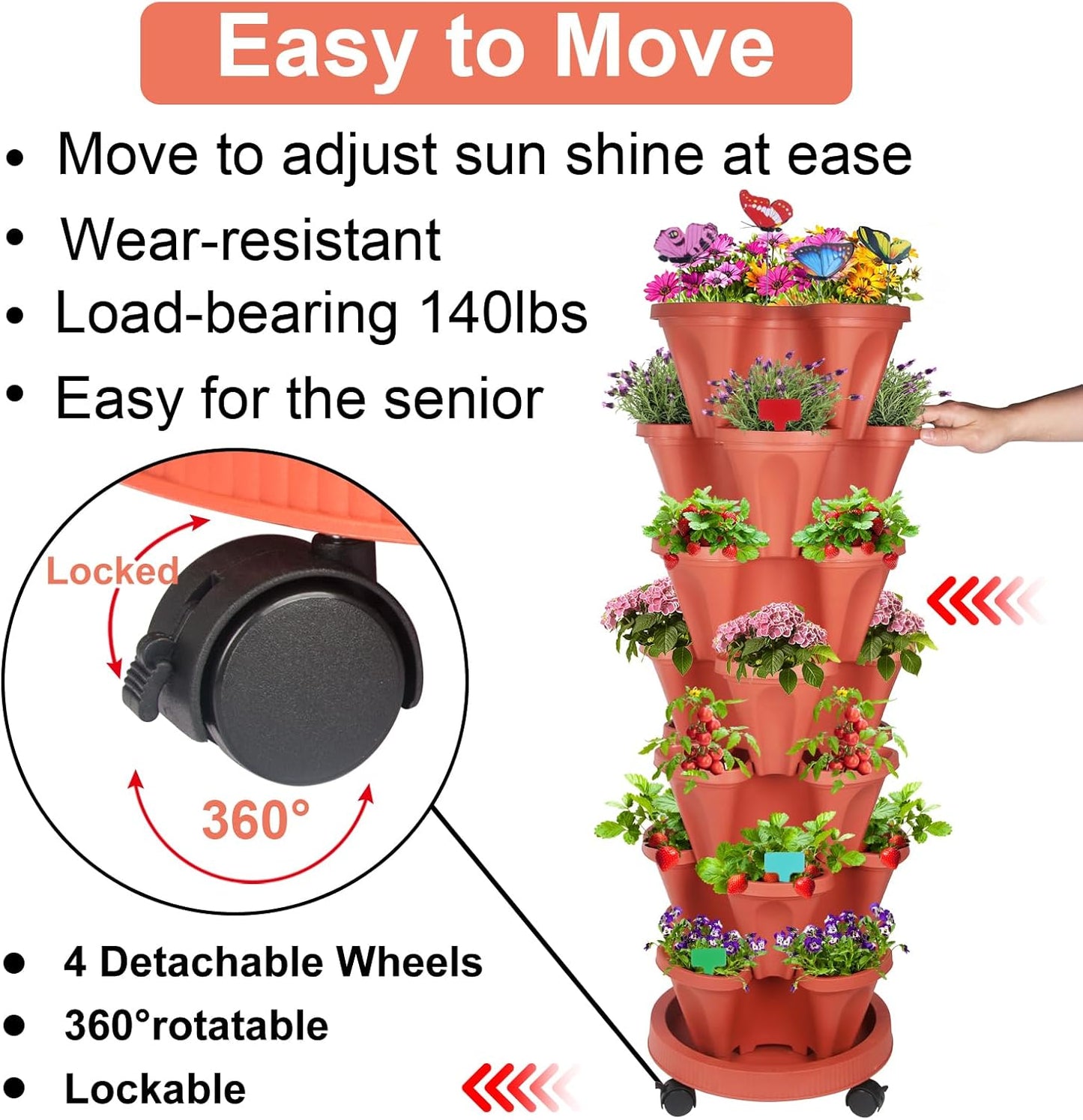 Vertical Planter, 7 Tier Stackable Strawberry Planter with Garden Tool Set, Movable Indoor/Outdoor