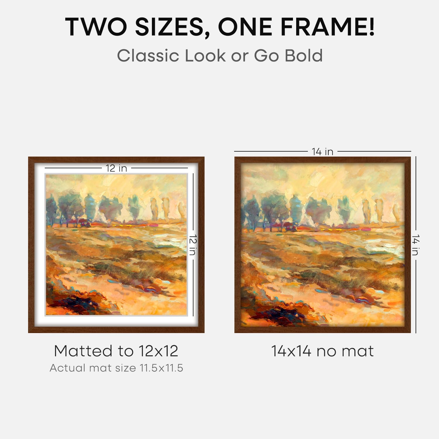 Homeforia 14x14 Picture Frame Brown, High End Dark Oak 14 x 14 Square Wood Frame with Mat 12 x 12