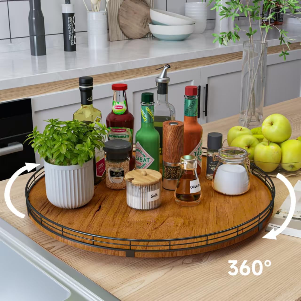 Farmhouse Oak 21" Lazy Susan Turntable Organizer for Cabinet, Round Wooden Lazy Susan Organization