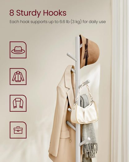 VASAGLE Solid Wood Coat Rack, Free Standing Hall Coat Tree with 8 Hooks, 3 Height Options, for