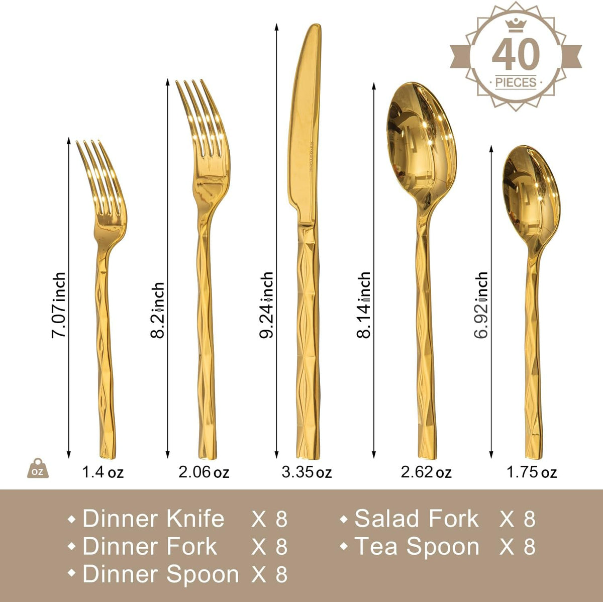 KINGSTONE Gold Silverware Set, Luxury 40 Piece Flatware Set for 8, 18/10 Stainless Steel Cutlery