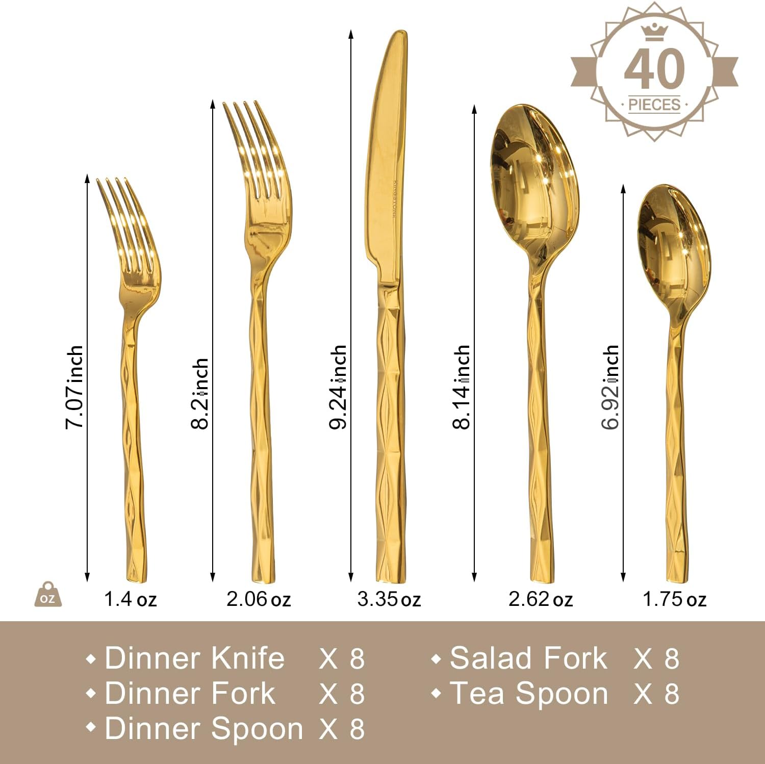 KINGSTONE Gold Silverware Set, Luxury 40 Piece Flatware Set for 8, 18/10 Stainless Steel Cutlery
